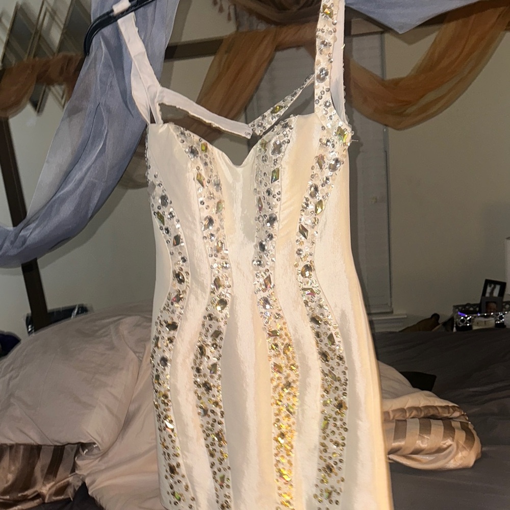 Rachel Allan White and Gold Embellished Mini Dress